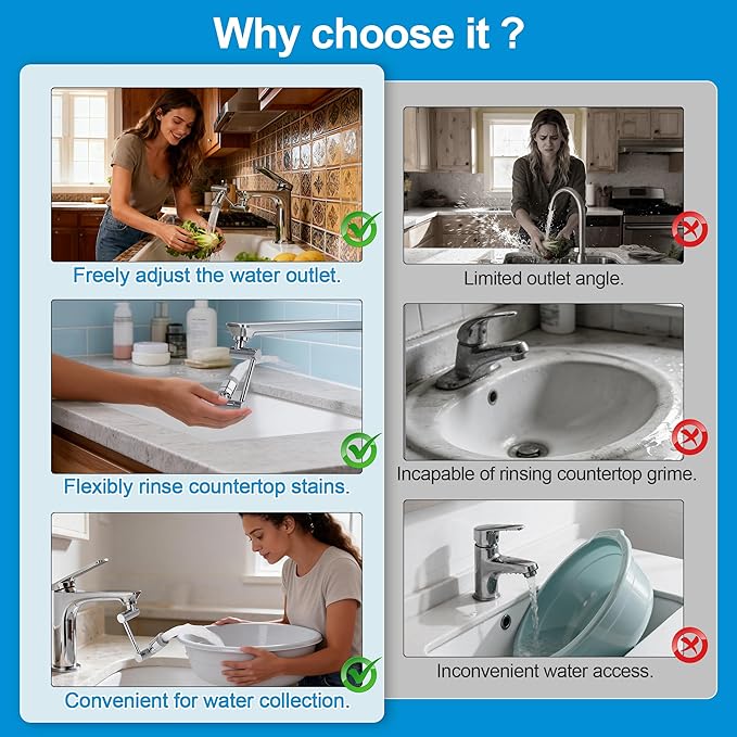 TIDYENDURE 1080° Rotating Faucet Extender, Swivel Faucets Aerator Extension, Universal Faucets Adapter for Kitchen & Bathroom Sinks Features 2 Water Flow Modes Faucet with Built-in Filter Function