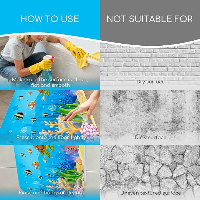 Omedecal Baby Bath Mat for Tub, Non Slip Kids Bath Shower Mat, 40 X 16 Inch Large Bathtub Mat with Drain Holes and Suction Cups for Toddlers, Machine Washable and Waterproof (Turtle)