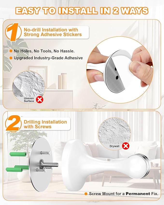 Crosize Magnetic Door Stoppers 8 Pack, Stainless Steel Door Stops for Wall and Floor Mounting, Door Holder Keep Door Open, No Drilling Door Stop with 3D Adhesive Tapes, White