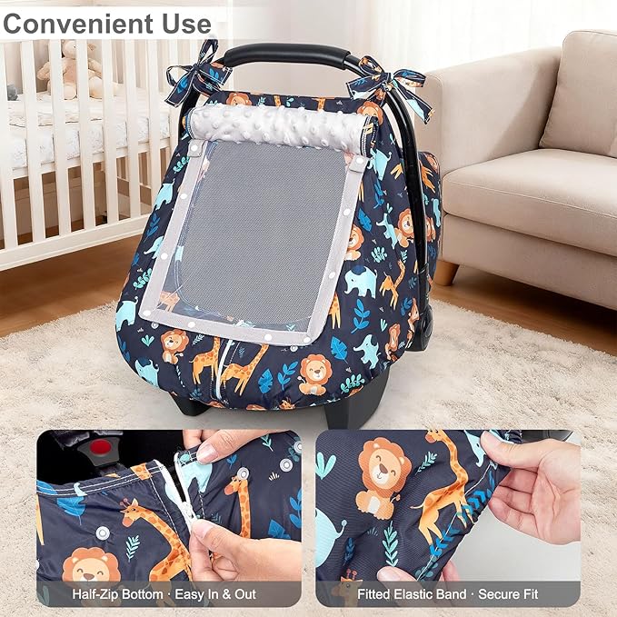 FIOBEE Baby Car Seat Cover, Car Seat Covers for Babies Infant Car Seat Canopy with Breathable Mesh Window Waterproof Carseat Cover for Babies Boy Girl 4 Seasons, Dark Blue Giraffe