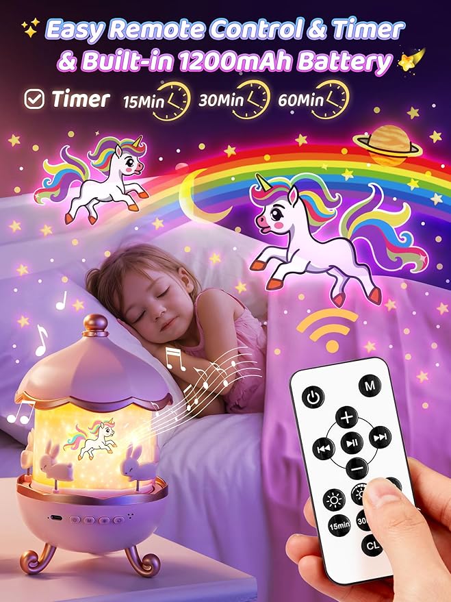 Carousel Night Light for Kids,15 Music+15 Films+315 Colors Star Projector for Kids Night Light Projector,360°+Remote+1200mah Unicorn Toys for Girls Room Decor,Autism Toys,Toddler Gifts for Girls Baby