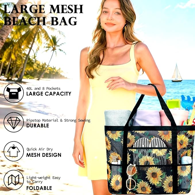 Mesh Beach Bag, Large Beach Tote with Zipper Pocket for Family Pool Bag for Toys & Vacation Essentials