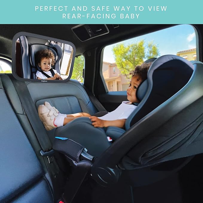 Lulyboo Large Baby Car Mirror with 360 Rotation & Adjustable Straps, Extra Wide Rear Facing Mirror for Safe Driving, Fits All Headrests, Black