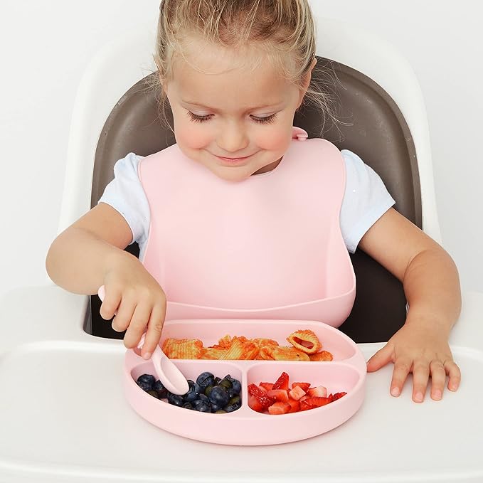 PrimaStella Unbreakable Silicone Non-Slip Baby & Toddler Plate and Spoon Feeding Set - Pink
