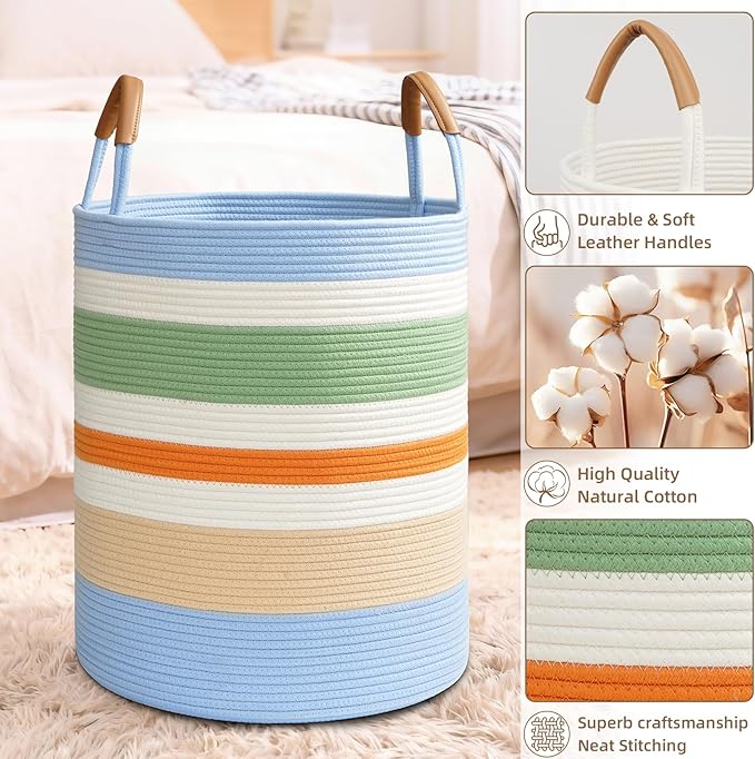 Degeyoyo 60L Striped Laundry Basket, Rainbow Laundry Hamper with Leather Handles, Woven Cotton Rope Storage Bin for Blankets, Nursery Hamper for Clothes, Toys In Bathroom, Livingroom, Bedroom