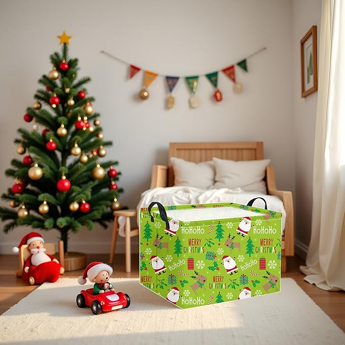 HIYAGON Rectangular Christmas Basket Fabric Storage Bin Storage Boxes,Collapsible Storage Basket for Clothes,Books.Shelves Basket(Green Christmas)