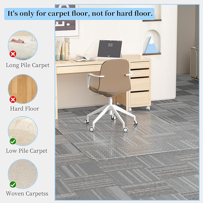 Tonaus Office Chair Mat for Carpet, 48"×36" Carpet Chair Mat for Low Pile Carpets, 2.2mm Transparent