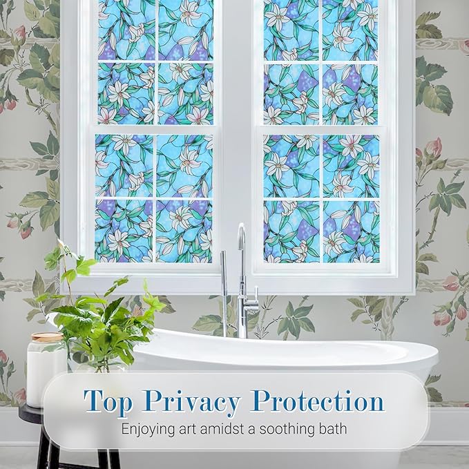 rabbitgoo Stained Glass Window Film, Anti UV Heat Blocking Privacy Film for Glass Window Door Covering, Static Cling Removable Decorative Privacy Sticker for Bathroom, Blue Lily, 23.6 x 118.1 Inches
