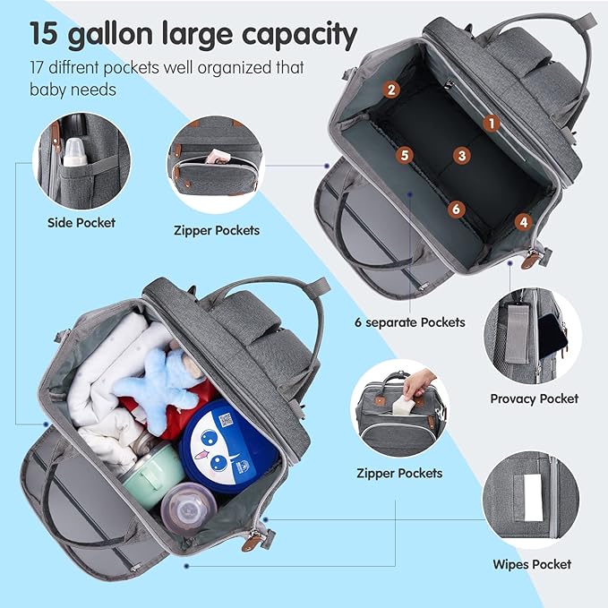 DERJUNSTAR Baby Diaper Bag Backpack with Changing Station Large Capacity Baby Bag for Boys & Girls, USB Charging Port, Pacifier Case, Sunshade & Toy Bar, Waterproof