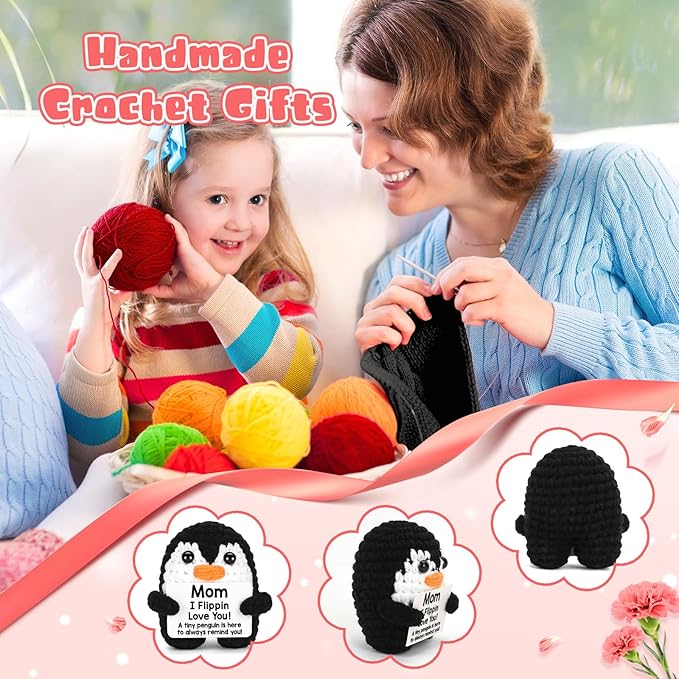 Mothers Day Birthday Gifts for Mom from Daughter Son, Handmade Crochet Mini Penguin Mom Gifts for Mother‘s Day Birthday Mama Mommy Mother in Law Bonus Step, Funny I Love You Moms Small Cute Decor