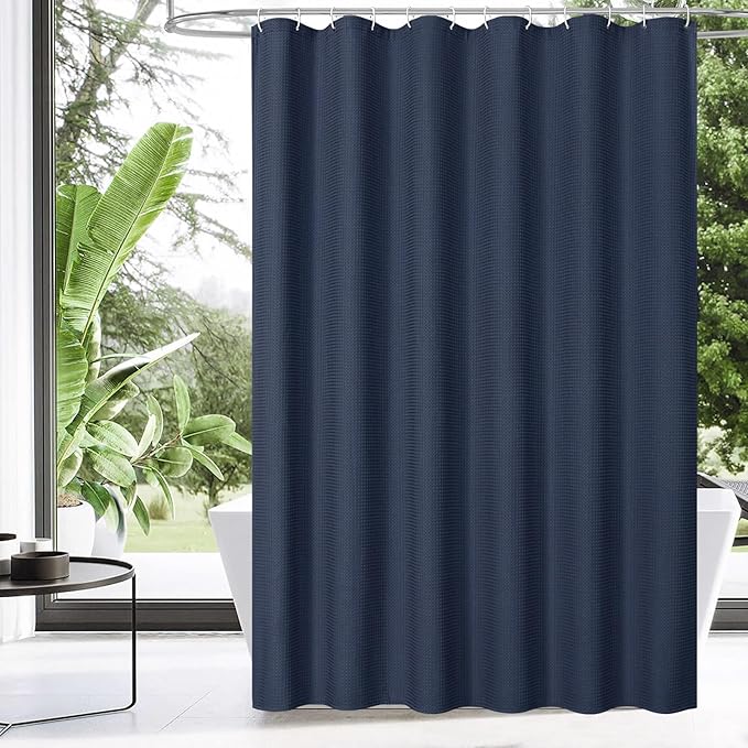 MitoVilla Blue Waffle Shower Curtain 72 x 78, Navy Blue Farmhouse Long Set, Modern Cloth for Bathroom Decor, Luxury Hotel Fabric 78 Inch Long