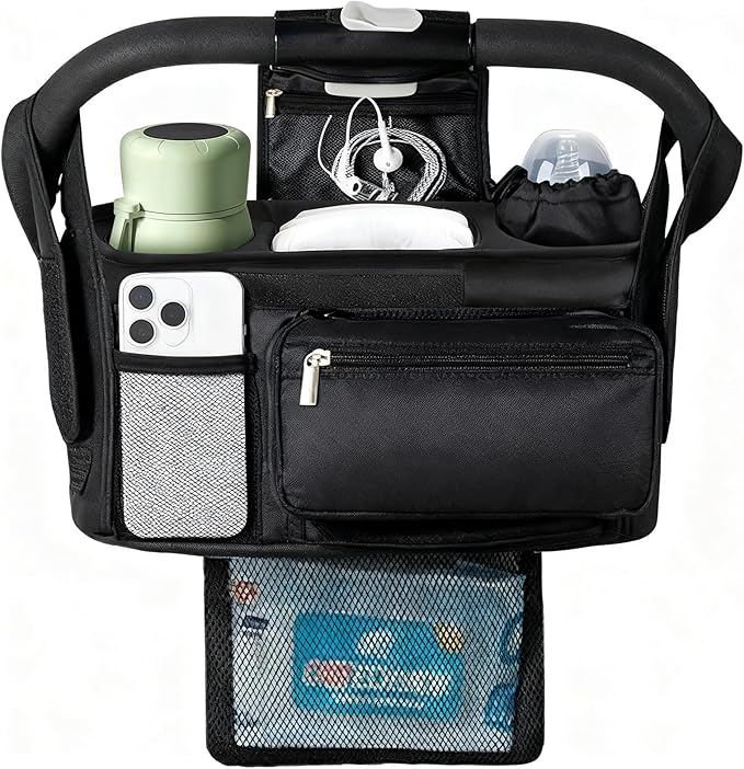 eutopic Universal Stroller Organizer with Insulated Cup Holder Detachable Phone Bag & Shoulder Strap, Bag Caddy Fits for Stroller like Uppababy, Baby Jogger, Britax, BOB, Umbrella & Pet Stroller