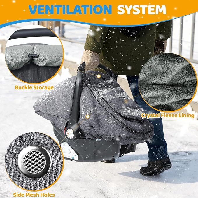 IvyWind Baby Car Seat Cover, Universal Winter Carseat Cover for Babies with Breathable Mesh Window, Cozy and Warm Infant Car Seat Covers for Cold Weather, Kick-Proof Carseat Canopy, Dark Gray
