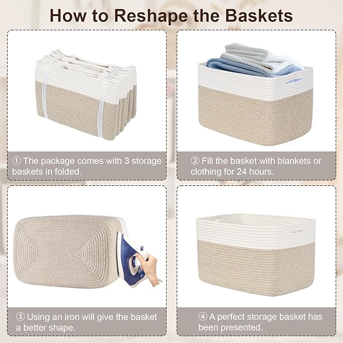 Degeyoyo Woven Storage Baskets, Baskets for Organizing, 3 Pack Woven Basket for Storage, Storage Baskets for Shelf, Towel, Toy, Book, Closet, Baby 15"×10"×9"
