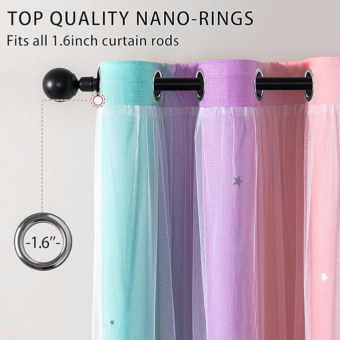 XiDi Girls Blackout Curtains 63 Inches Long for Bedroom 62 Inches Wide, Room Darkening Grommet Window Curtains 2 Panel, Colorful Rainbow Kids Unicorn Princess Room Decor Pink Purple Green 62W x 63L