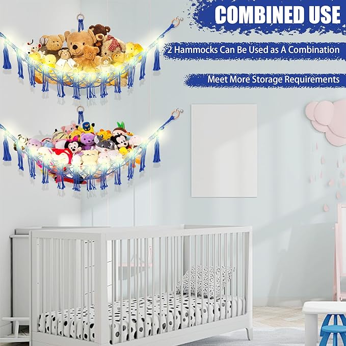 CERETIA Stuffed Animal Hammock with LED Light, Toy Hammock for Stuffed Animals Storage for Kids Room Decor, Stuffed Animal Hammock Corner, Royal Blue