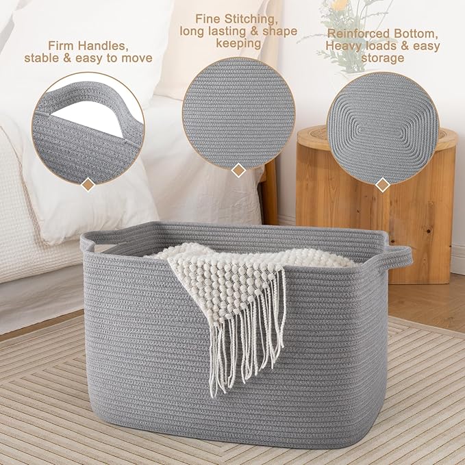 SIXDOVE 65L Large Storage Basket, Cotton Rope Woven Blanket Basket, Toy Storage for Baby Room, Living Room, Light Grey