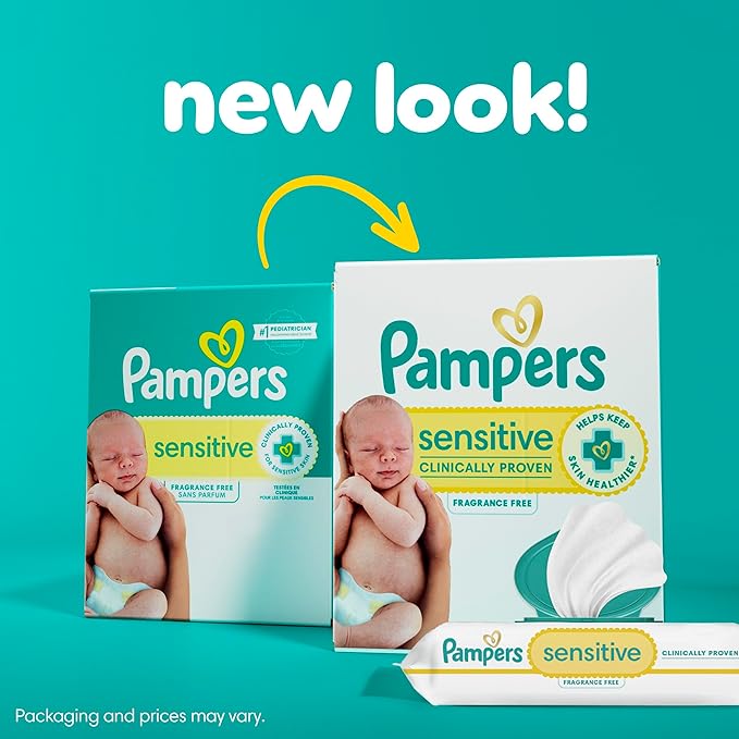 Pampers Sensitive Baby Wipes, Clinically Proven, Fragrance Free, Unscented, Water Based, Hypoallergenic, Multi-Use, Hand Wipes 672 Wipes Total (12X Flip-Top Packs) [Packaging May Vary]