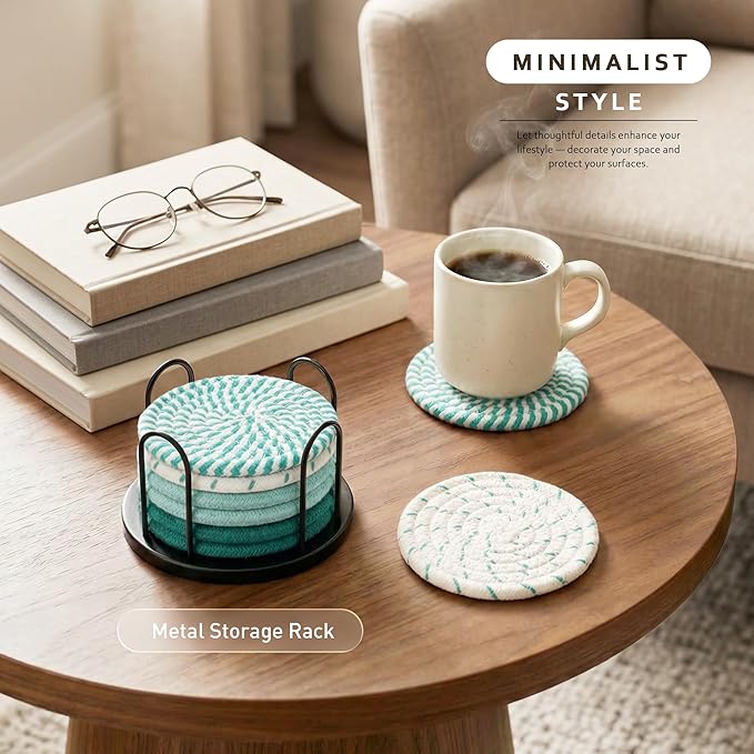 Lazebox Coasters Set of 8 for Drinks, 4 Inch Large Coasters for Coffee Table, Tabletop Protection for Hot & Cold Drinks, Versatile Coasters for Home Decor, Non-Slip & Easy to Clean, Green