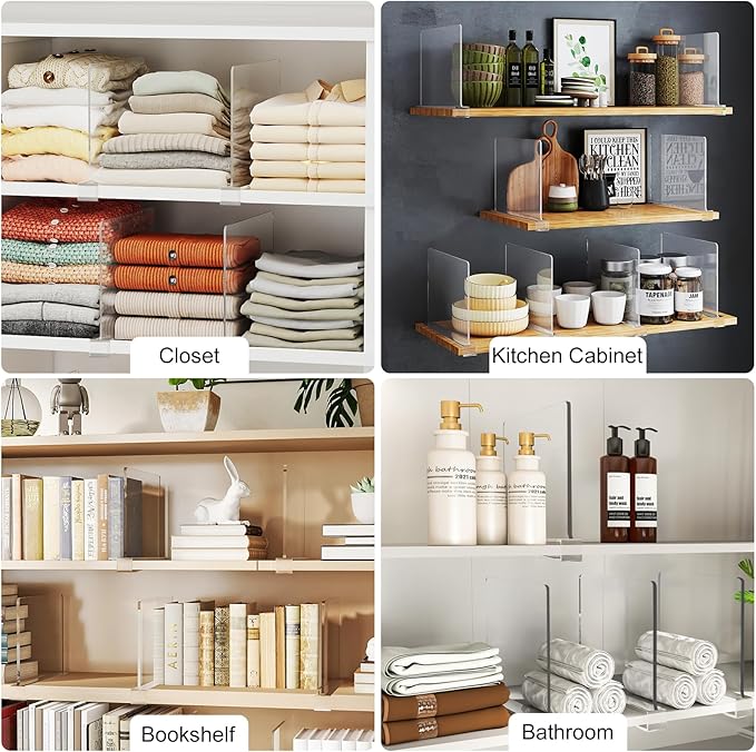 Purse Organizer for Closet Shelf Dividers: 11-inch Tall (Higher Version) Adjustable Clear Acrylic Bag Storage Organizer for Handbags, Sweaters, Towels, Jeans and Shoes on Wood Shelves 4-Pack