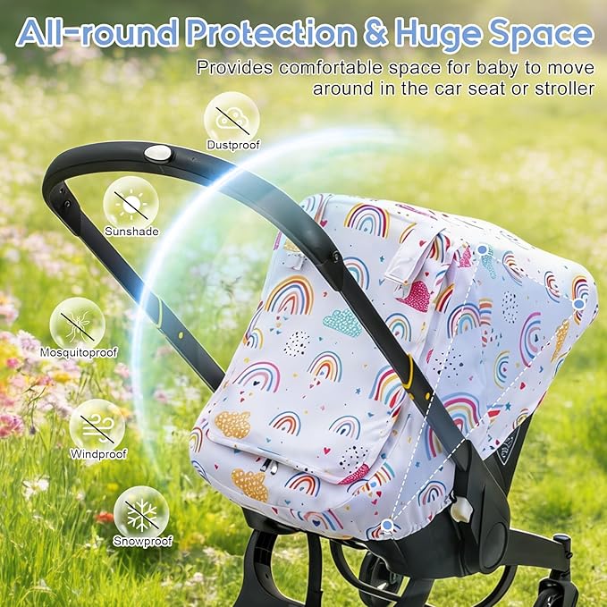 Carseat Covers Baby Girl, Baby Car Seat Cover with Mesh Peep Window & Privasy Sun Shade, Protective Baby Carrier Cover for All Season, Mink Dot Infant Car Seat Canopy for Newborn Shower Gift