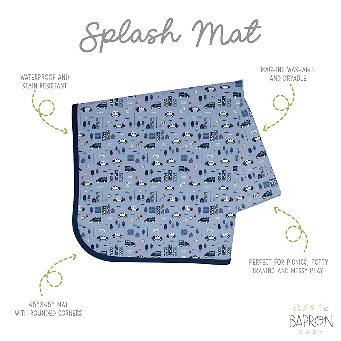 BapronBaby Be Brave Police Patrol Splash Mat - Waterproof Catch-All for Under High Chairs, Floors, Tables, Playtime or Arts & Crafts - Machine Washable - 45" x 45”