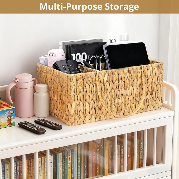 Large Baby Diaper Caddy Organizer, Handwoven Water Hyacinth Storage Basket, Portable Wicker Car Diaper Storage Bin for Nursery and Travel