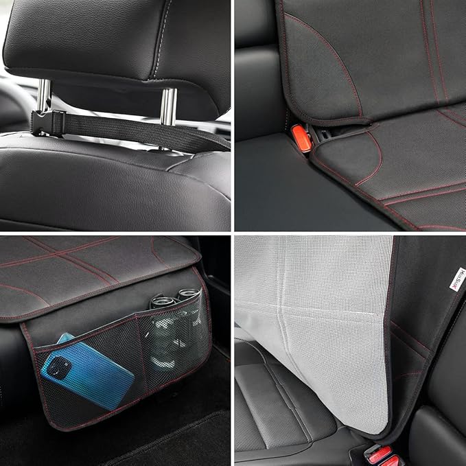 Meolsaek Car Seat Protector, Non-Slip Backing Will Not Leave Imprint, Waterproof Thicker Car Seat Cover for SUV, Sedan, Truck, Leather Car Seat Cushion (Black with Red Stitching 1pc)