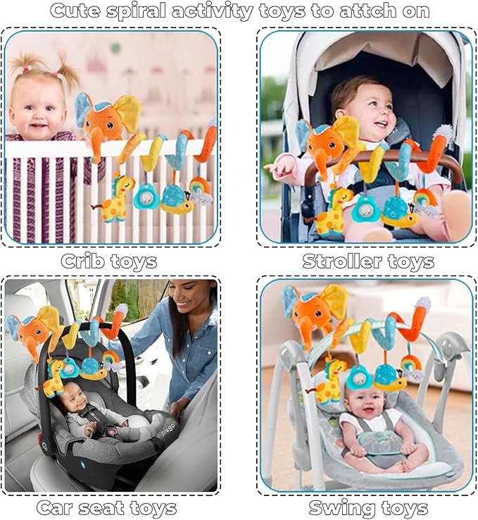Car Seat Toys for Baby, Spiral Activity Stroller Toy for Infants 0-6 Months, Hanging Baby Toys Crib for Newborn 0 3 6 12 Months Developmental Toy with Music Box Rattle Squeaker- Orange Elephant