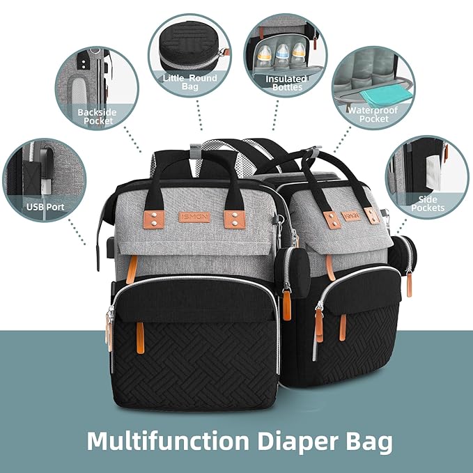 ISMGN Diaper Bag Backpack with Changing Station, Multifunctional Diaper Bag, Extra Large Capacity, Baby Bag, GreyBlack