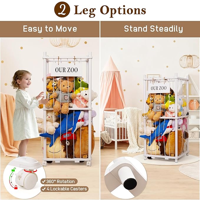 Edudif Stuffed Animal Storage Zoo, Wooden Stuffed Animal Organizer with Removable Wheels & 5-Row Elastic Cords, Space-Saving Plush Toy Storage Holder for Playroom, Bedroom, Nursery