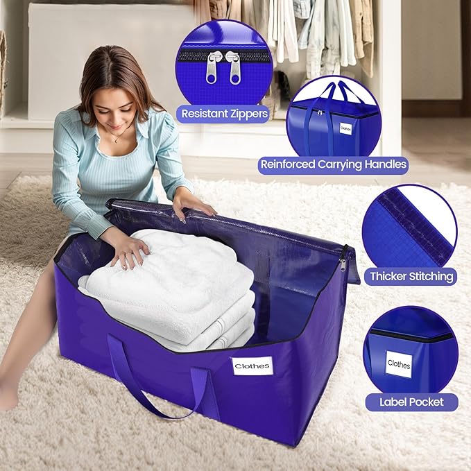 Moving Storage Bags, Moving Supplies Packing Boxes for Moving, Camping, College Dorm Room Essentials for Girls, Blue Tote Bags, Heavy-Duty Storage Bins With Lids And Zippers, 93L 2 Pack