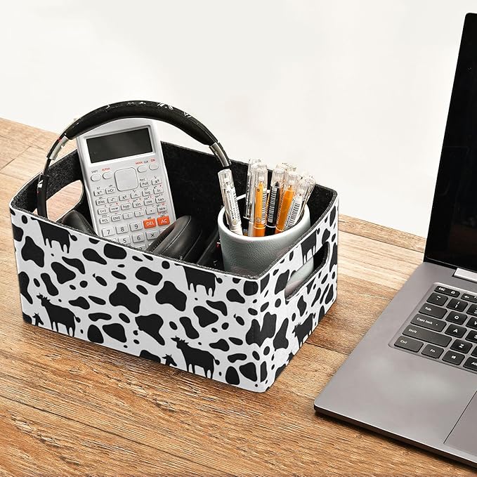 Kcldeci Cow Print Storage Bins - 2Pack Foldable Baskets for Organizing, Black & White Cow Pattern Animal Skin Print Sturdy Baskets for Shelves, Closet, Nursery, Toy