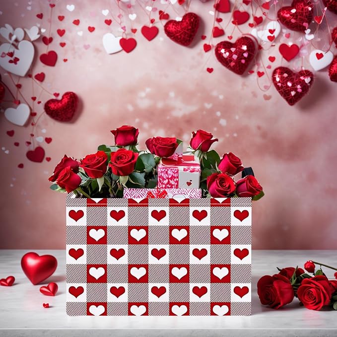 ASKETAM Valentine's Day Basket for Gifts Empty Cute Heart Large Gift Basket Decorative Storage Bin for Kid and Baby Room Décor (Deep Red Checkered Heart)