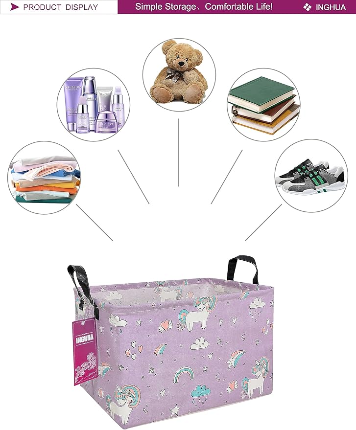 INGHUA Rectangular Storage Basket Fabric Organizer Bin for Toys,Books,Clothes,Gifts,Pets-Perfect for Home,Office,Nursery,Dorm,Shelf(Rec-Unicorn)