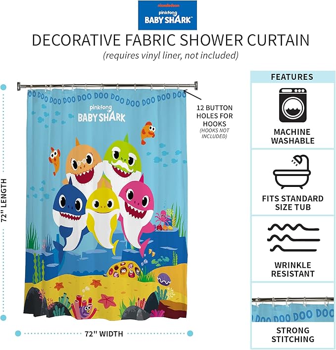 Franco Kids Bathroom Decorative Fabric Shower Curtain, 72 in x 72 in, Baby Shark