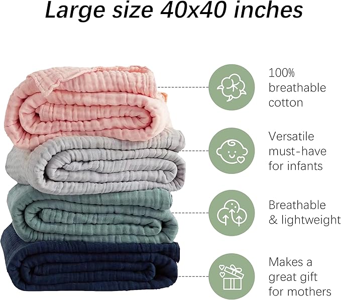 SWEET DOLPHIN Muslin Baby Bath Towels Blanket - 2 Pack 100% Cotton Towel for Babies, Infants, Toddlers - 40x40Inch - Highly Absorbent, Light Emerald
