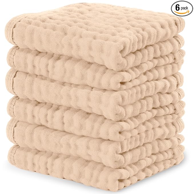 Comfy Cubs Muslin Baby Washcloths 6 Pack - Soft 6-Layer Cotton Wash Cloths for Sensitive Skin - 10"x10" Large, Gentle, Absorbent Infant Essentials for Newborn and Toddlers - Cream