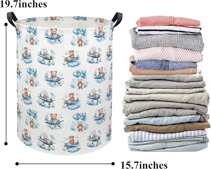 Baby Laundry Basket Baby Hamper for Nursery Girl Kids Butterfly Hamper Cute Kids Toys Storage Bin Organizer Butterfly Room Decor for Home(Bear Pilot)