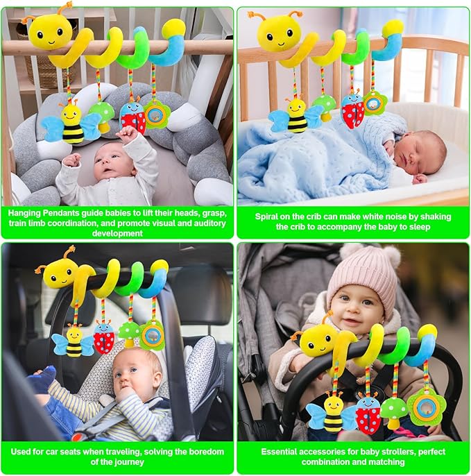 Car Seat Toys for Babies 0-6 Months, Spiral Car Seat & Stroller Activity Toy, Soft Plush Hanging Toys with Rattles, Best Gift for Ages 0 and Up