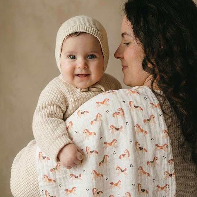 Muslin Swaddle Blankets for Newborn, 4 Pack Cotton Baby Blankets, Large 31.5 x 43.3 inch Breathable Soft Receiving Blanket, Essentials Swaddle Wrap Burping Clothes, Orange Rainbow Horse