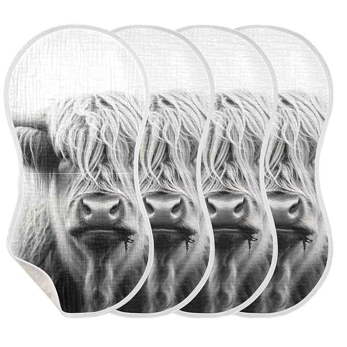Muslin Baby Burp Cloths Set of 1, Soft Absorbent Highland Cow Muslin Washcloths, Bibs, Face Towel for Newborn Boys Girls, 22 x 11 Inch