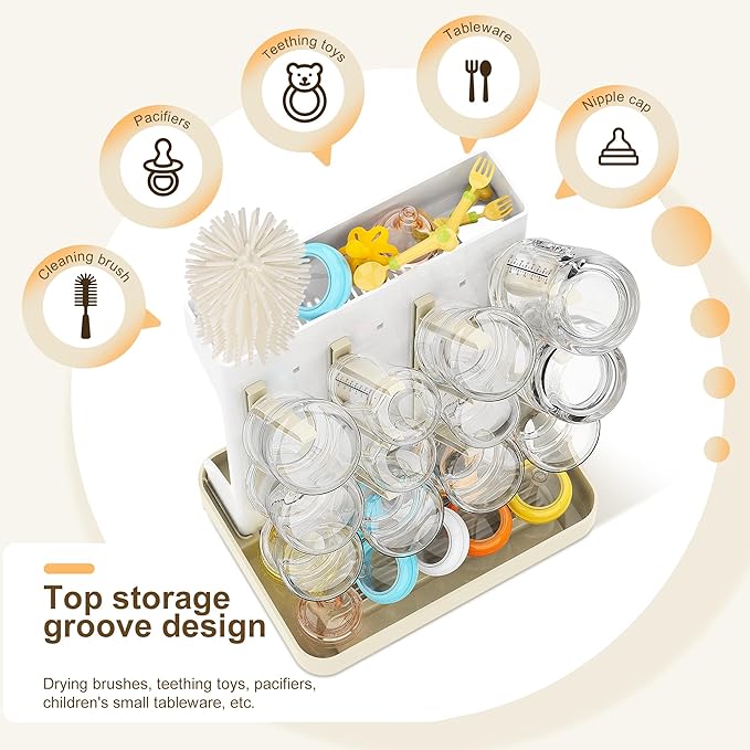Viddett Superior Vertical Baby Bottle Drying Rack with 4-Pack Brush Set: Space-Saving Countertop Drying Rack - BPA-Free Baby Accessories Storage Stand Organizing Brushes & Pacifiers - Warm Beige
