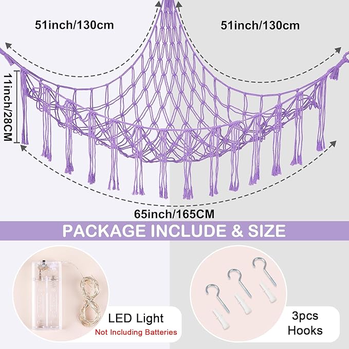 Basumee Stuffed Animals Net or Hammock with LED Light, Hanging Stuffed Animals Storage Toy Hammock Net Corner Wall Girls Room Decor Toy Storage Organizer, Purple, XL