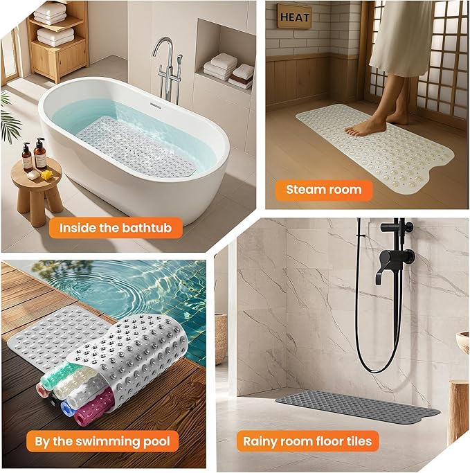 Krussier Non-Slip Bath Tub Mat, 39x16 Inch Extra Large Shower Mat with Drain Holes & Suction Cups, Machine Washable, Clear Brown