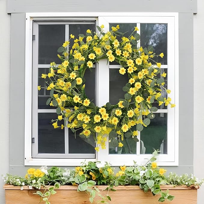 Pinkpum 22" Daisy Eucalyptus Wreath for Front Door, Artificial Spring Summer Floral Wreath for Front Door, Home Farmhouse Wedding Wall Window Decor