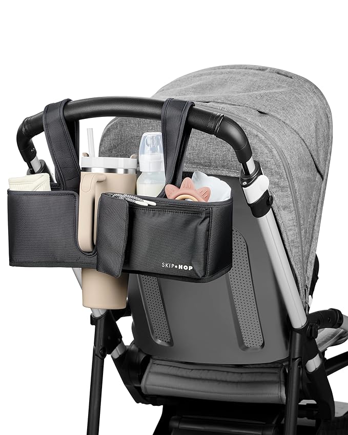 Skip Hop Ultimate Stroller Organizer Universal Fit with Adjustable Straps, Magnetic Flaps and Convertible Design That fits 40 oz. Tumblers, Black