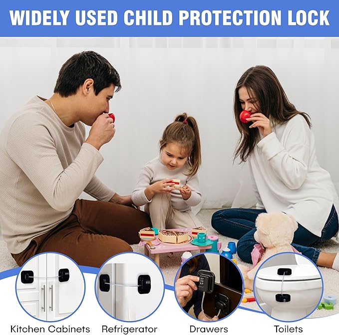 Refrigerator Lock - 2 Pack Cabinet Locks with Strong Adhesive, ABS Plastic & Steel Cable, 3 Digit Combination Code Locks for Fridge, Cabinets, Closets & Drawers Easy to Install No Keys Needed (Black)