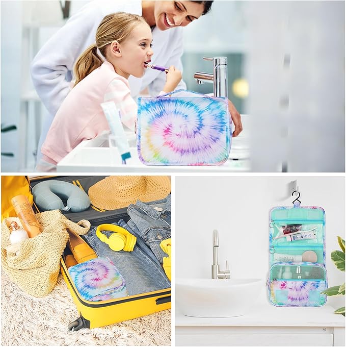 Kids Hanging Toiletry Bag for Girls, Travel Toiletry Bag for Teen Girls Tie Dye Cosmetic Makeup Waterproof Wash Bag Traveling Toiletries