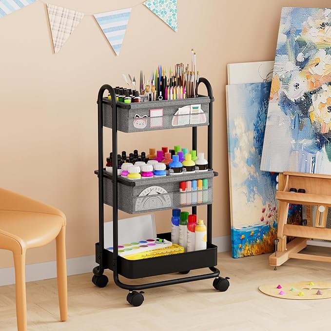 Baby Diaper Caddy Organizer Cart - 3 Tier Rolling Storage Cart with Wheels, Baby Essentials for Nursery Storage, Detachable Dividers - for Crib, Bedroom, Art & Craft Organizer (Black)